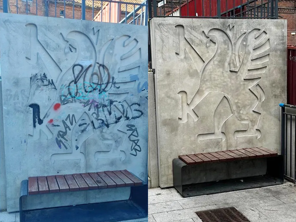 Laser cleaning machine removing graffiti