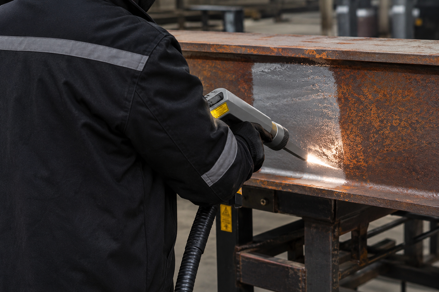 Person using a laser cleaner on an industrial surface