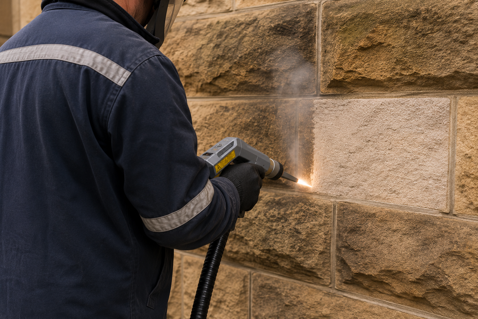 Laser cleaning a sandstone wall